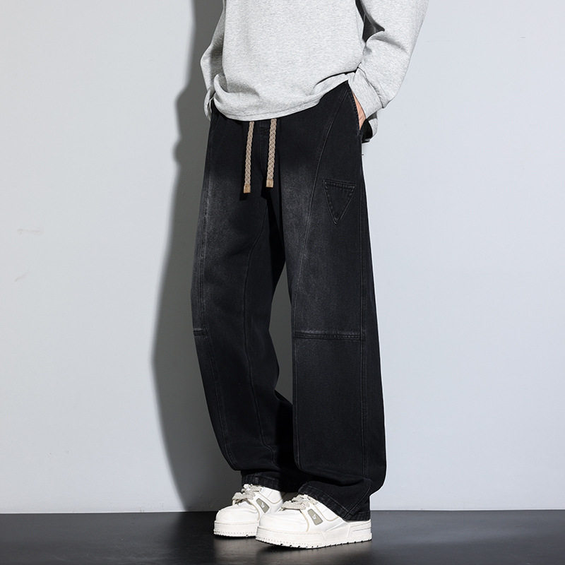 胖哥大码春季美式弯刀牛仔裤男遮肉显瘦宽松百搭松紧腰直筒休闲裤,淘宝优惠券,粉丝福利购,淘宝优惠卷