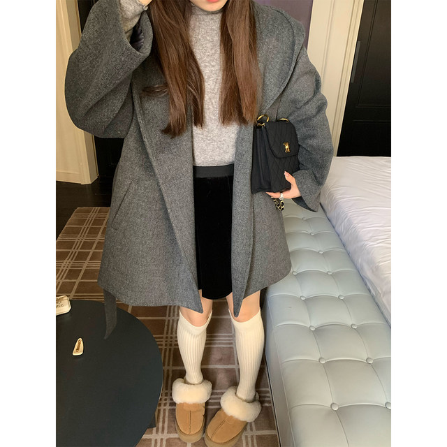 sieyiu gray hooded single -sided woolen coat female autumn and winter high -level sensor loose short lace -up woolen jacket