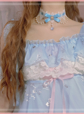 原创手作蓝色花嫁蕾丝百搭项链