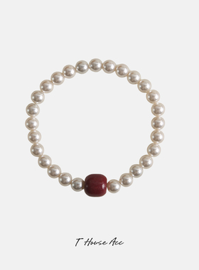朱砂红圆珠子珍珠手链精致有弹力