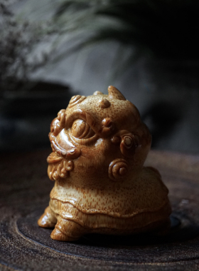 喜庆小狮子天然纯手工竹根雕摆件