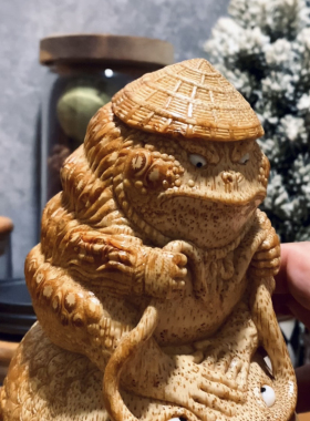 凡物【已售-可定制】鲶鱼戏金蟾 天然竹根雕 文玩摆件 纯手工雕刻