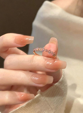 韩系粉色闪钻香槟金细圈戒指女