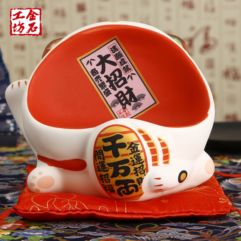 金石工坊 大嘴招財貓萬用座辦公桌擺件名片座手機座陶瓷創意禮物
