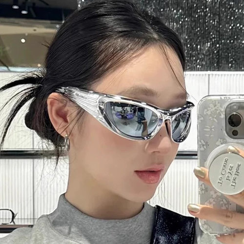 欧美辣妹风发箍墨镜女方圆脸显瘦骑行户外Y2K水银色街拍太阳眼镜 - 图3