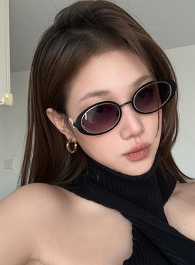 复古黑框双灰椭圆猫眼墨镜显瘦女