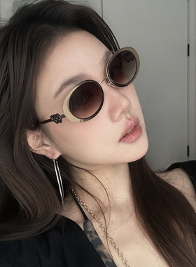 金属老钱风双茶爱心椭圆猫眼墨镜