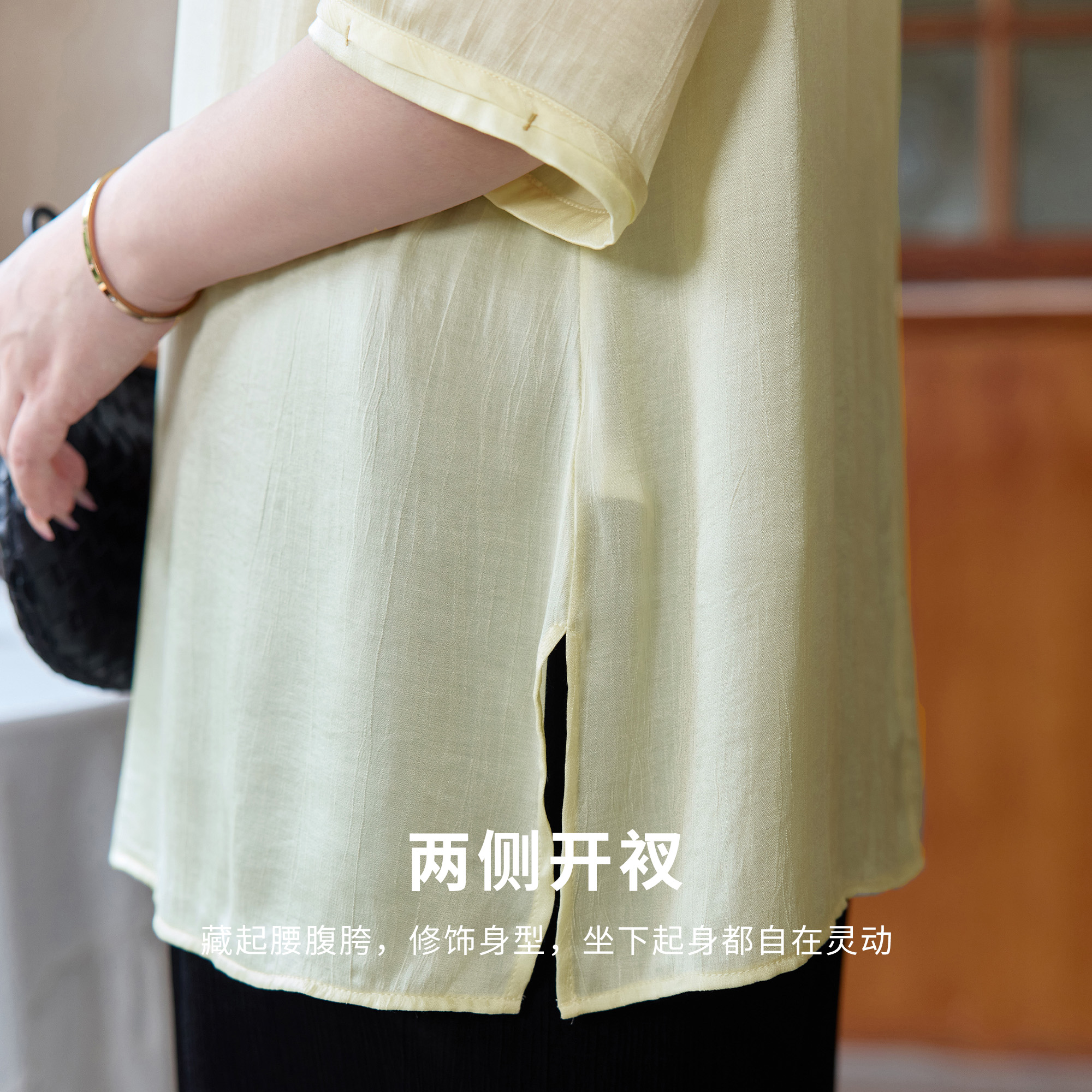 美丽客栈大码女装2025秋新款胖mm宽松开叉中长款上衣正肩圆领T恤 - 图2