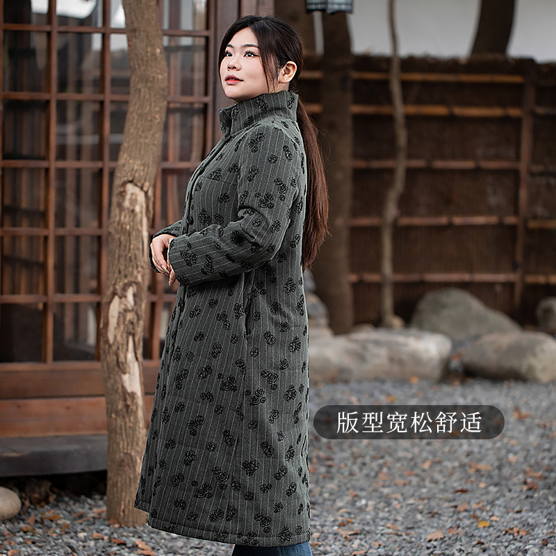 美丽客栈玫瑰与诗中长款棉服女冬季大码胖MM复古新中式显瘦棉大衣 - 图0