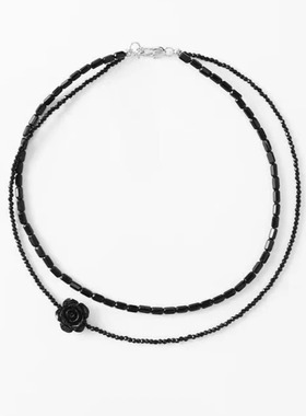 黑色玫瑰花串珠双层项链锁骨链女小众设计时尚复古简约百搭精致