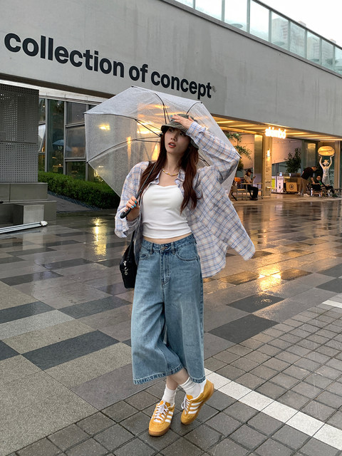 Huanghuangjia American cropped jeans ສີຟ້າ