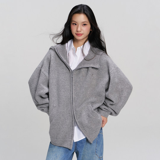 RAPPEYE 高级感百搭宽松慵懒连帽针织开衫上衣重磅斜拉链毛衣外套