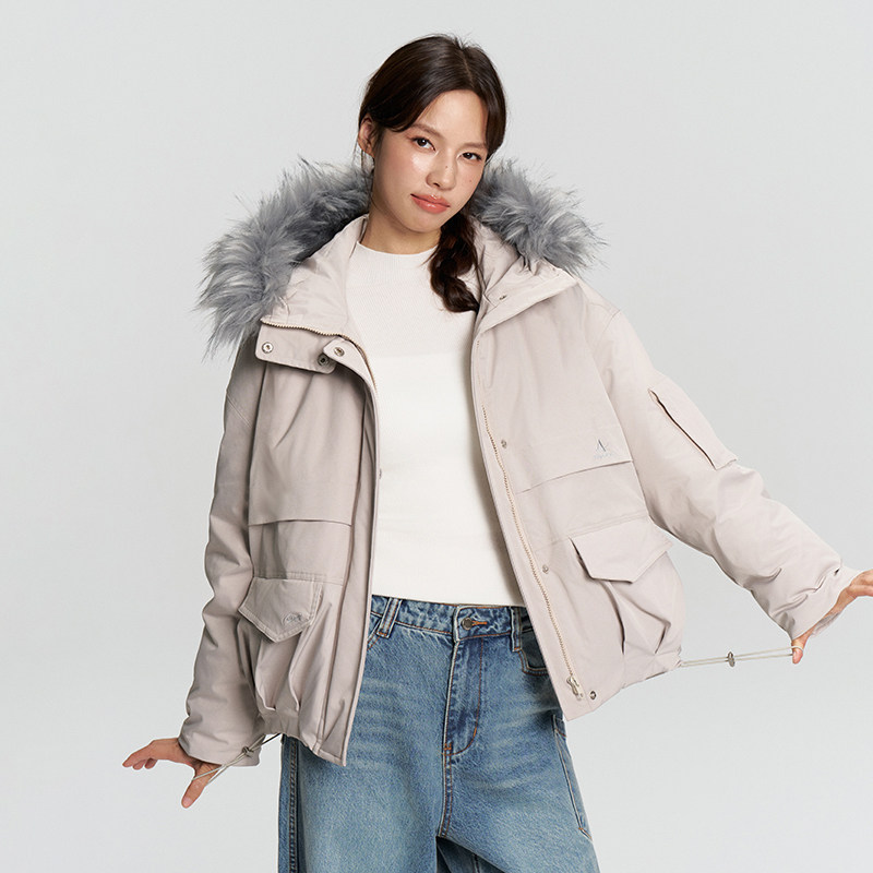 RAPPEYE 复古简约潮牌工装羽绒防寒加厚连帽大毛领短款派克服外套