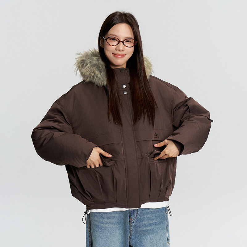 RAPPEYE 复古简约潮牌工装羽绒防寒加厚连帽大毛领短款派克服外套