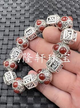 饰品手链藏银圆珠手链描银路路通手链合金手链文玩复古手链手串