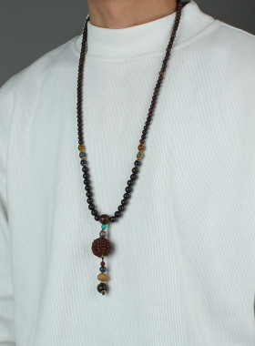 金刚菩提檀木吊坠长项链佛系棉麻