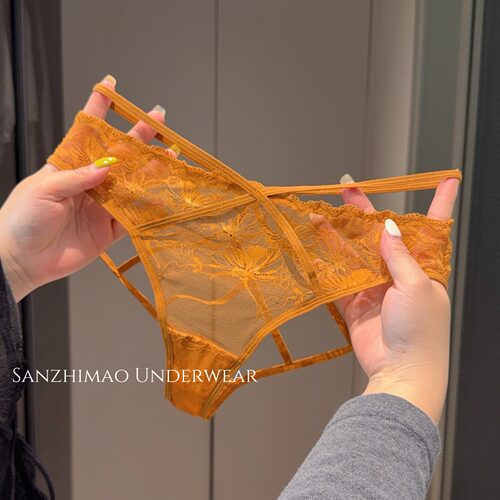 2026南瓜橙法式性感蕾丝三角裤女镂空系带透明薄款内裤纯欲风棉档 - 图2