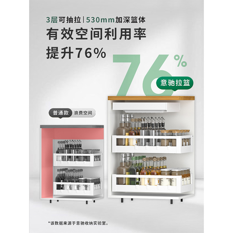 意驰 调味料拉篮304不锈钢抽屉式厨房橱柜置物架三层工具调味篮 - 图0