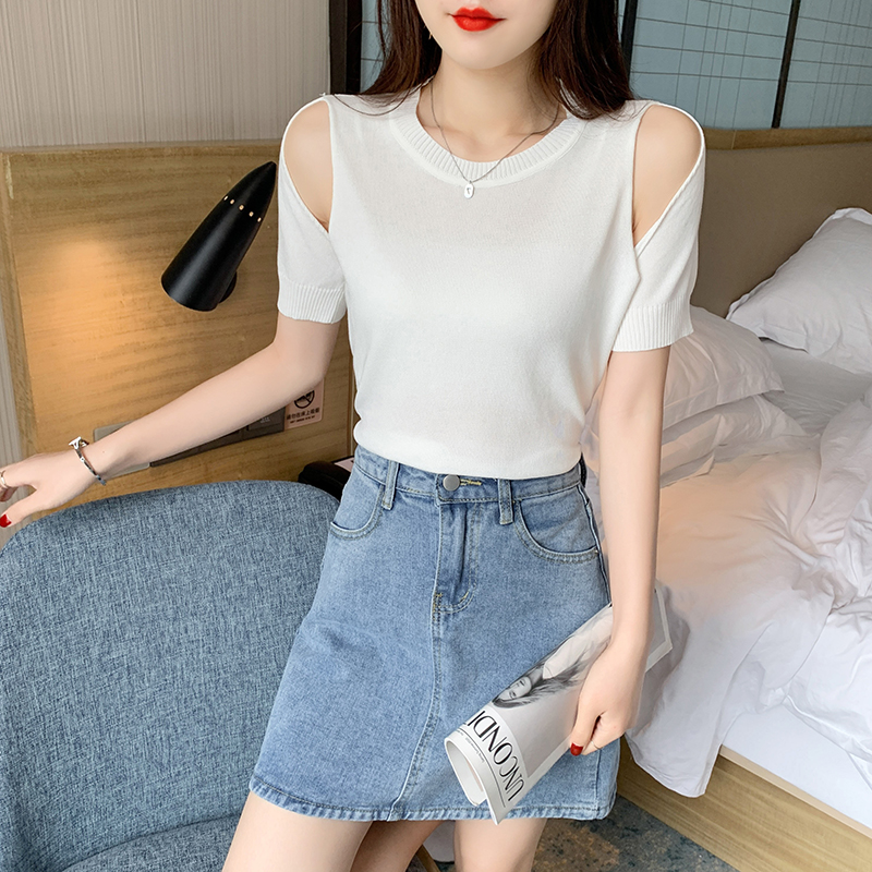 夏季女装韩版批新款发修身小心机打底纯色T恤短款性感露肩针织衫 - 图0