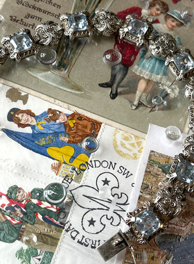 超推荐artdeco阿呆时期海蓝锆通体925银手牌纯银手链复古錾刻花纹