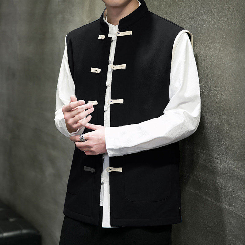 中国风秋冬棉麻休闲新款加绒加厚马甲男中式复古唐装背心-蓝,淘宝优惠券,粉丝福利购,淘宝优惠卷