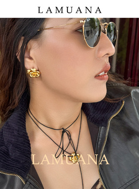 LAMUANA黑绳项链金玫瑰原创设计可调节长款颈链绳子71707