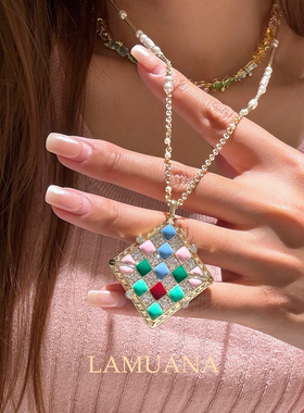LAMUANA糖果棋盘格系列复古小众设计感满钻奢华项链套装礼物95871