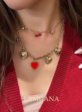 LAMUANA【新年圣诞限定】爱心蝴蝶结珐琅彩项链法式复古多层礼物