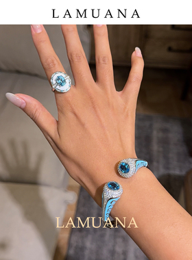 LAMUANA白珐琅花蓝托帕手镯天然蓝色宝石S925银高级轻奢感86503