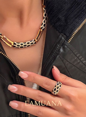 LAMUANA黑珐琅豹纹系列小众设计感复古时髦项链气场百搭耳环套装