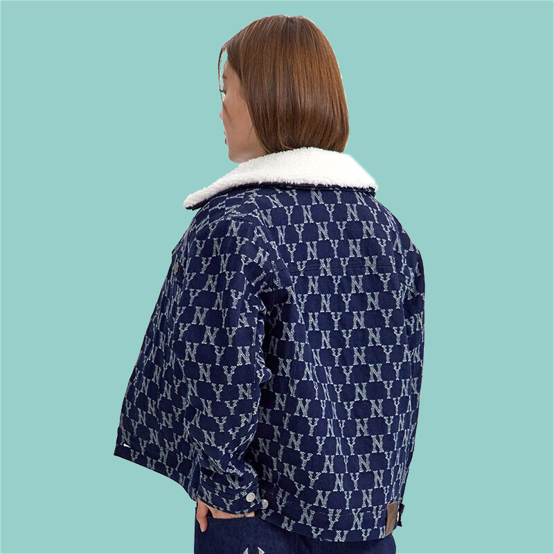 MLB外套2022秋冬新款NY满印复古老花情侣款夹棉牛仔夹克3ADKM0124 - 图1