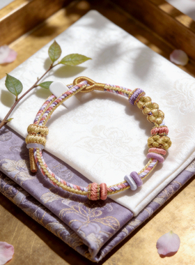 甜美风手工编织绳桃花黄色手绳可穿珠串黄金转运珠可调节编绳手链