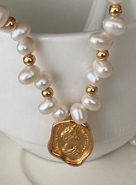 丹妮丝小清新时尚珍珠石形珍珠的链身女吊牌项链感设计气质