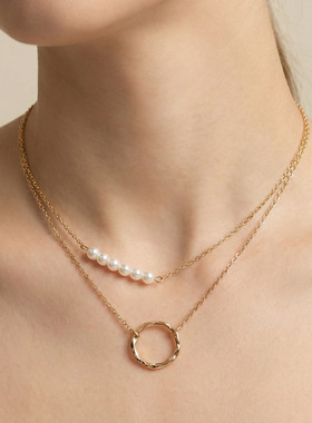 多层choker小众原宿风珍珠项链 女式个性几何圆圈锁骨链