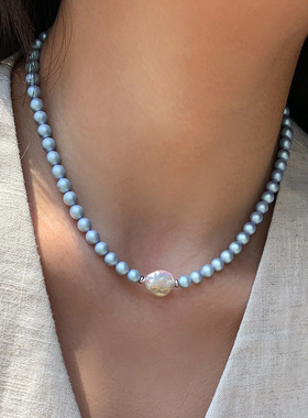 巴洛克异形淡水珍珠炫彩蓝色施家珍珠项链女气质时尚手链耳扣套装