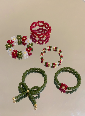 圣诞派对配色串珠戒指复古红绿撞色小众设计可爱手工指环