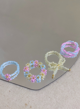 HUYA奶油串珠戒指少女心油画感可爱多巴胺花朵蝴蝶结尾戒饰品