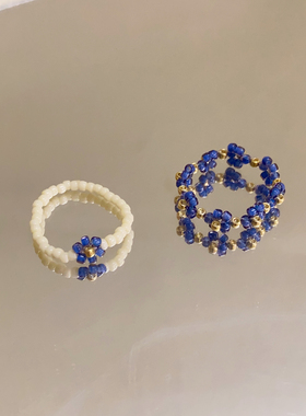 HUYA手作蓝莓果酱串珠戒指蝴蝶结花朵可爱小众彩色百搭指环撞色