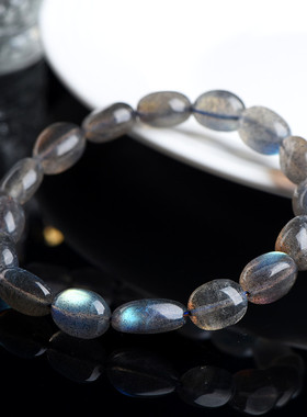 盖亚回声 天然黑体灰月光随型珠手链 彩光拉长石随形手串 批发