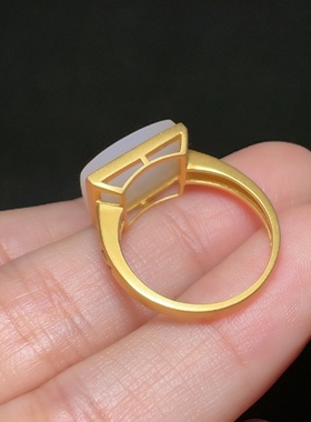 新疆和田玉白玉籽料戒指苏工精品18k金镶嵌女款玉器戒面指环17mm