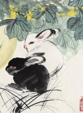 装饰画国画字画客厅真迹书法宣纸书画作品仿刘旦宅丹桂玉兔赠装裱