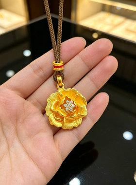 5G新款黄金色重工牡丹花吊坠新中式拉丝微镶项链高质量保色送爱人