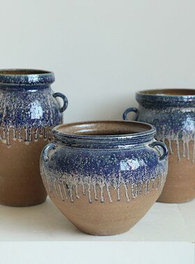 手工三耳罐 粗陶陶罐坛子复古花器插花瓶景德镇陶瓷陶艺装饰摆件