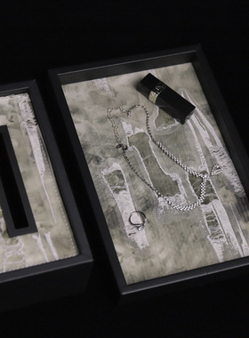 黑色纹理香薰皮革收纳盘客厅玄关摆件售楼处会所新中式收纳托盘