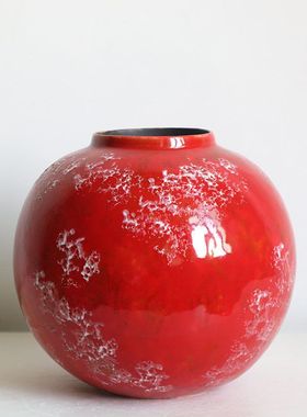 红色圆陶瓷花瓶现代新中式客厅插花摆件样板间民宿玄关高级感装饰