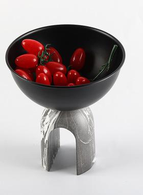 几何拱门高脚果盘摆件轻奢酒店设计师仿大理石坚果零食碗