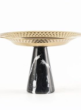 轻奢高脚大理石底座果盘摆件金属锤纹摆放盘瓜子零食水果碟装饰品