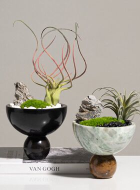 高级感大理石仿真花艺盆景绿植中式售楼处洽谈桌前台桌面装饰摆件