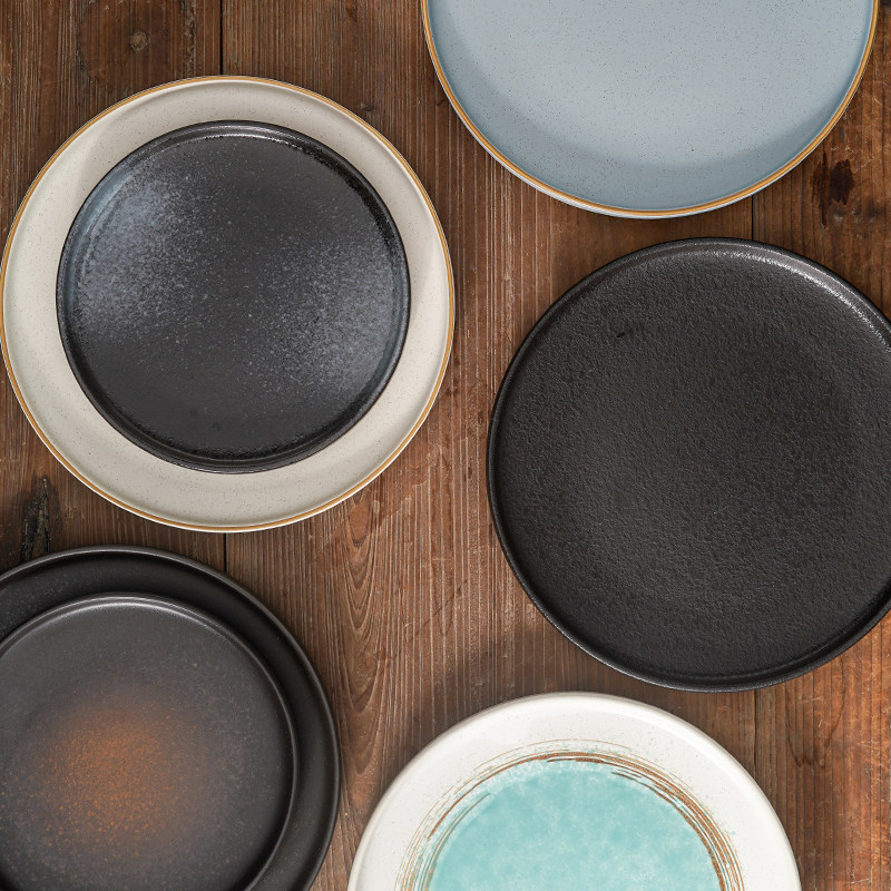 日式陶瓷牛排盘西餐盘圆盘复古家用菜盘子酒店餐厅甜品蛋糕披萨盘