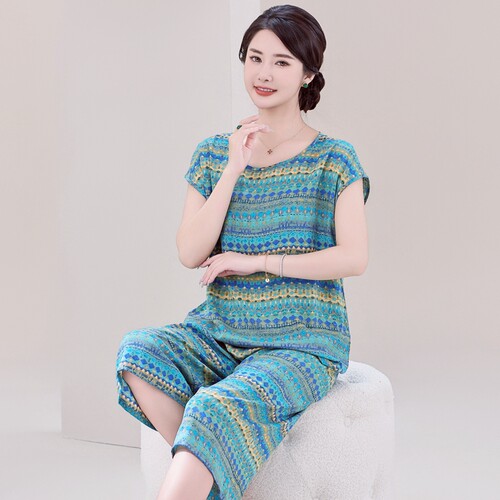 妈妈睡衣新款女士棉绸大码人造棉中老年人短袖两件套装夏季家居服 - 图0